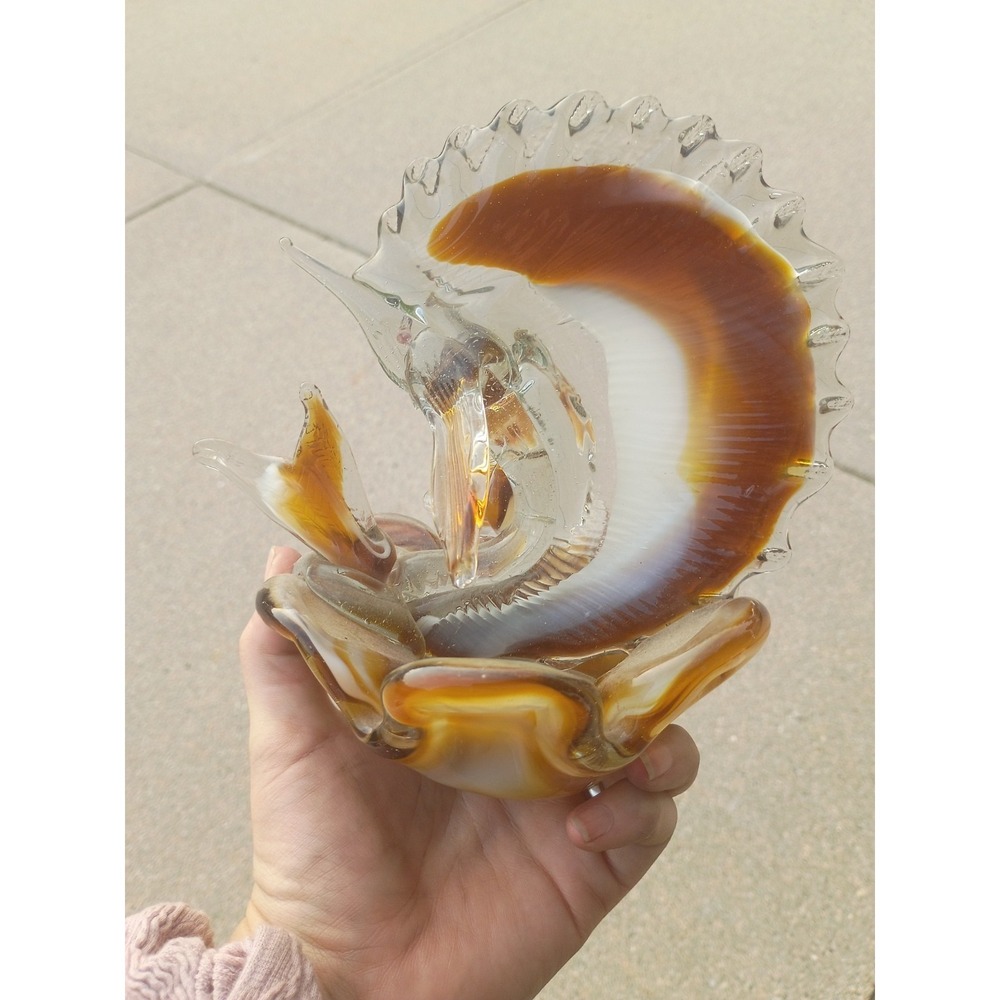 Vintage Murano Style Art Glass Sailfish/Marlin Ashtray Brown Handblown 8+"